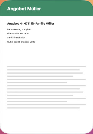Seite „Angebot Müller“, der Name ist im Kopf und in der ersten Zeile geschwärzt